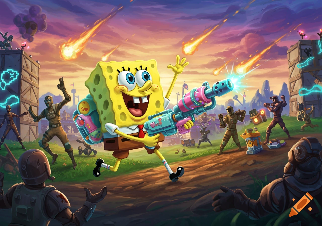 SpongeBob SquarePants with a colorful futuristic gun in a dynamic Fortnite-style battle scene with other characters and falling meteors.