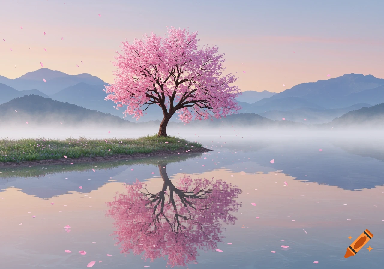 A vibrant pink cherry blossom tree stands on a misty lake shore with mountains in the background, reflecting in the water.