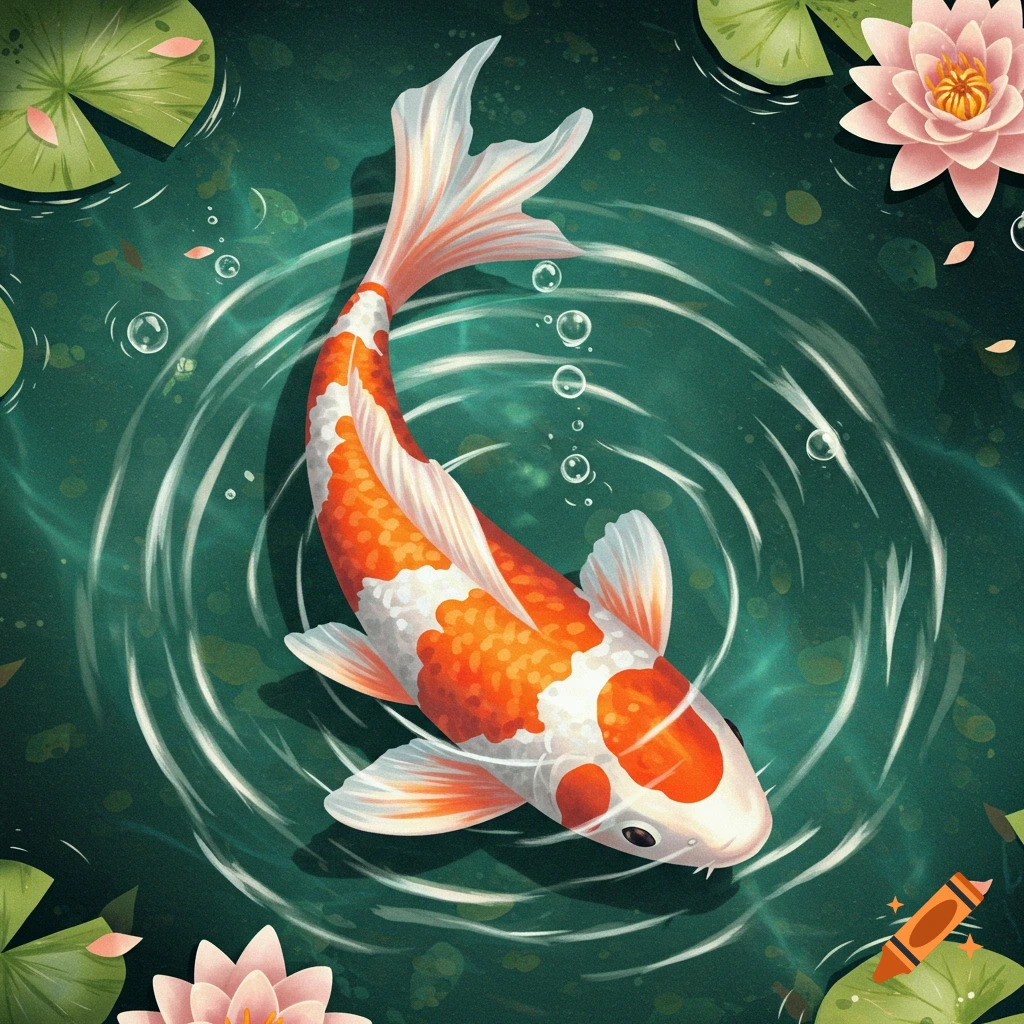 A vibrant orange and white koi fish swims in a dark green pond amidst lily pads and pink lotus flowers. Stylized illustration.