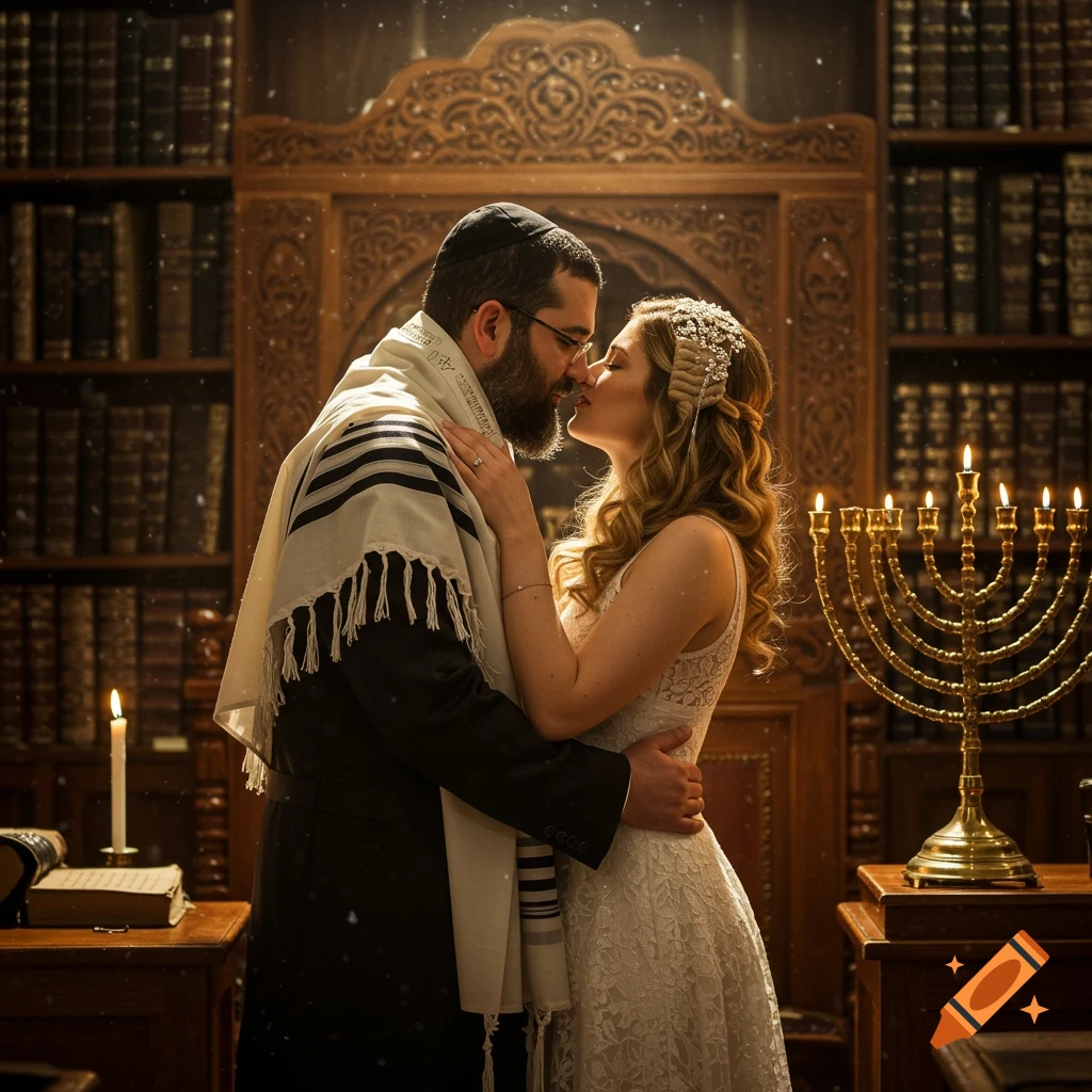 A Jewish man wearing a tallit and kippah kisses a woman in a white lace dress, in a warmly lit room with bookshelves and a menorah.