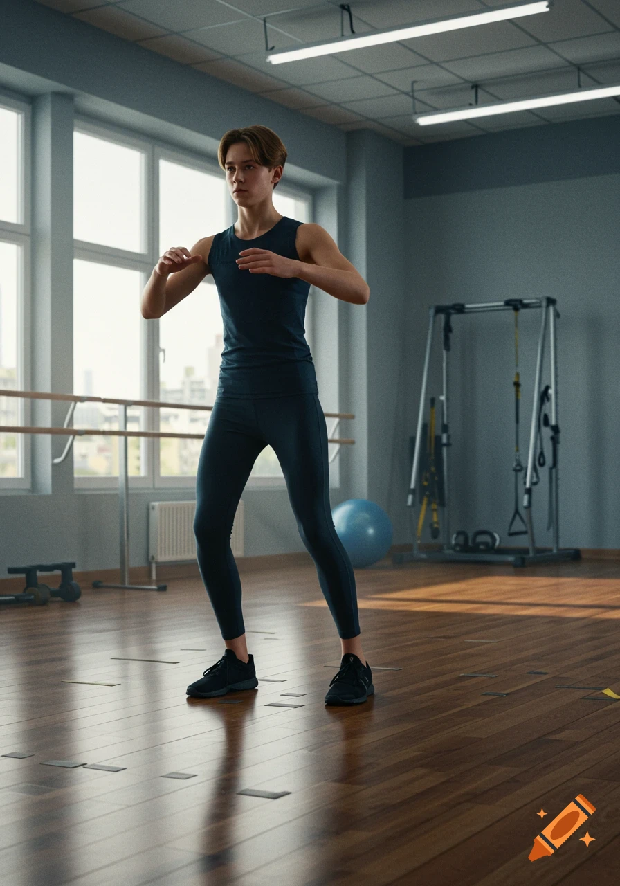A teen in athletic wear performs a movement assessment test in a brightly lit gym with large windows.