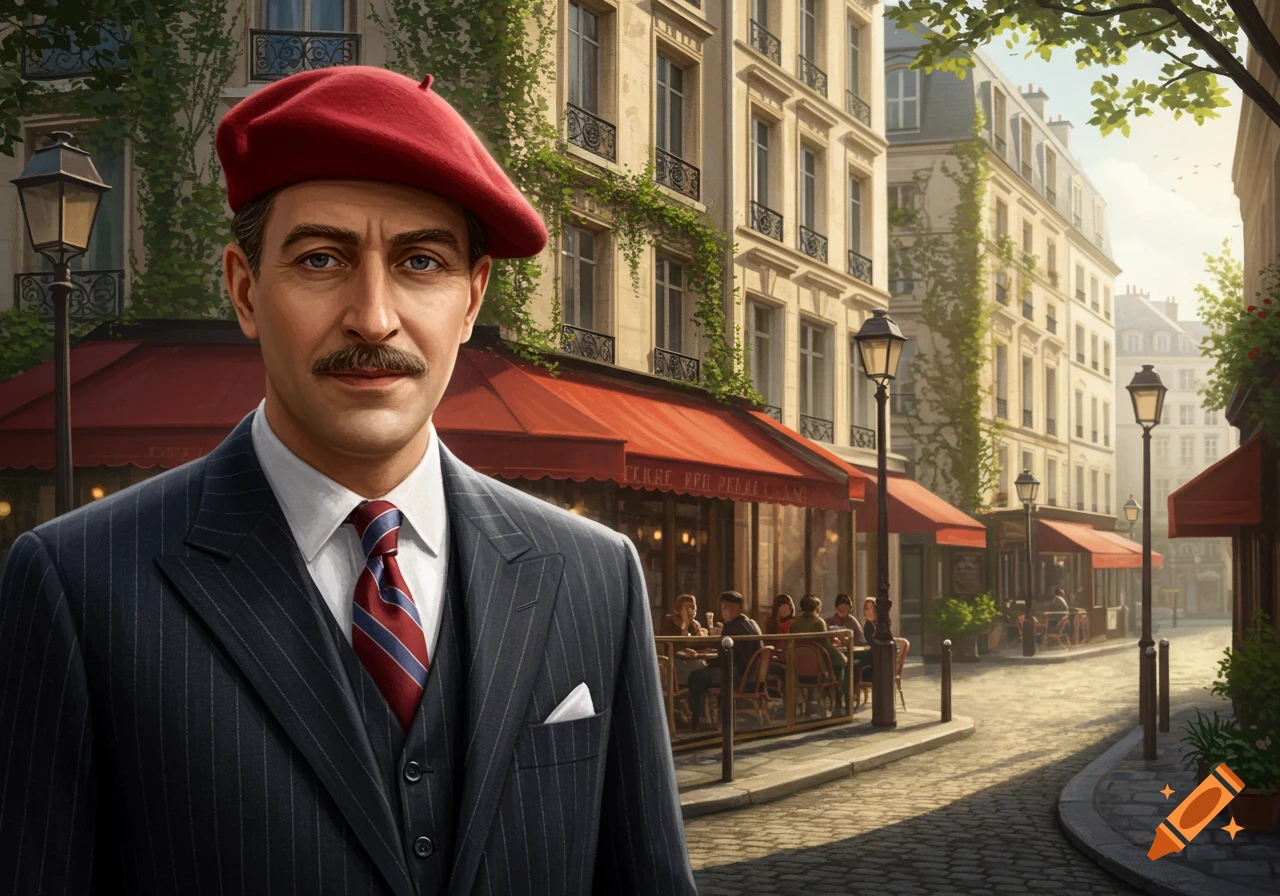 A man in a red beret and pinstripe suit stands on a Parisian cobblestone street with a cafe and buildings in the background.