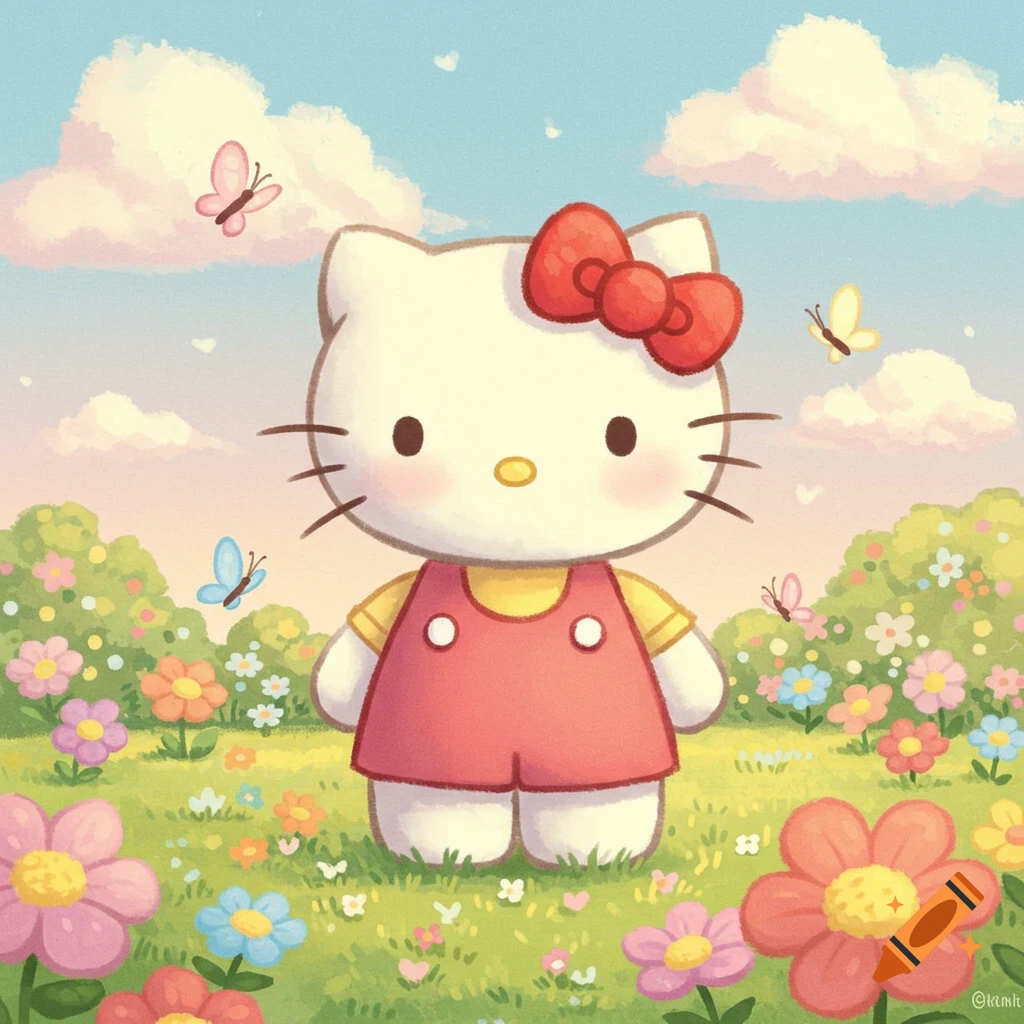 Cute cartoon illustration of Hello Kitty standing in a vibrant green meadow with colorful flowers, butterflies, and a blue sky with clouds.