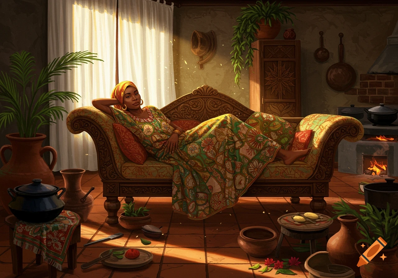 An illustrated woman in a patterned dress reclines on an ornate couch in a sunlit, rustic room with plants and cooking pots.