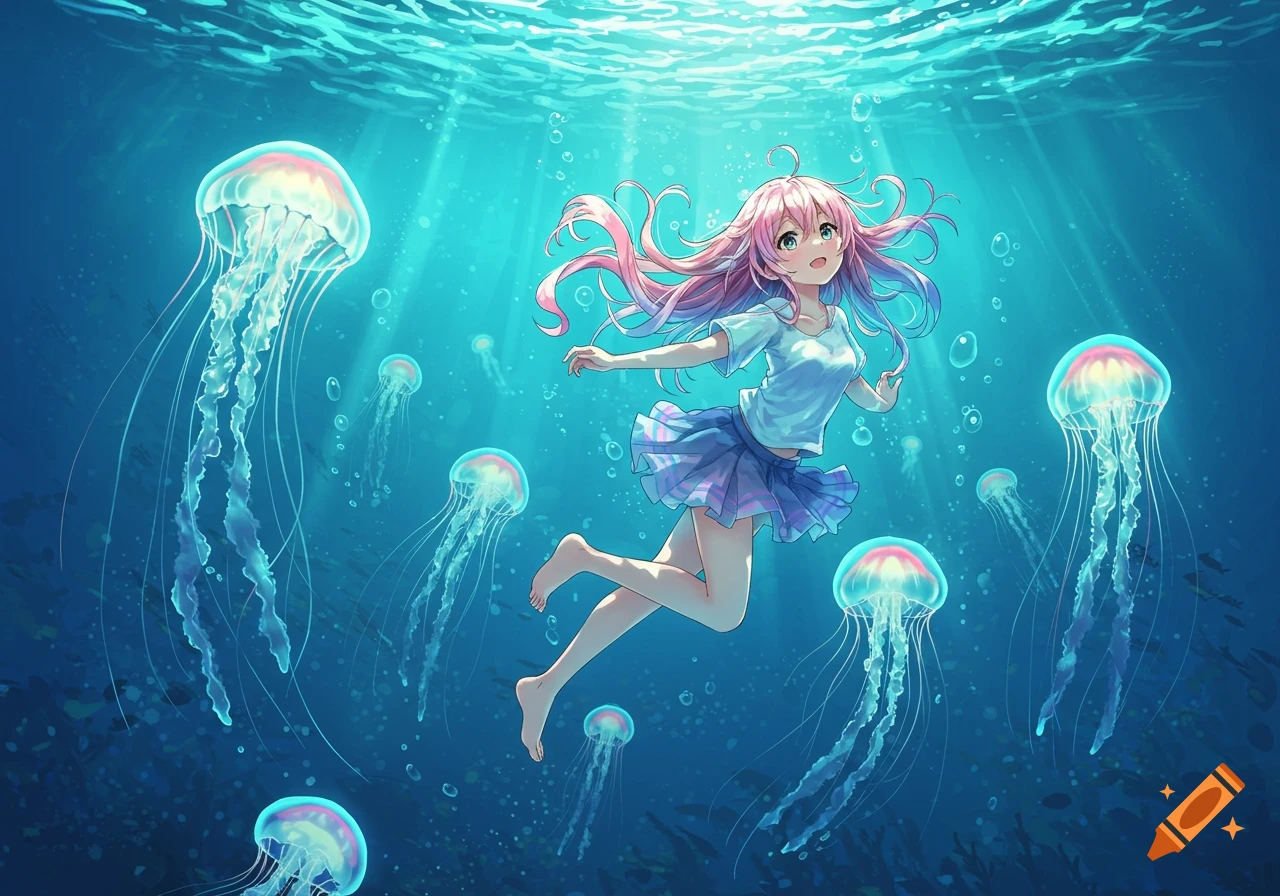 Anime girl with pink hair swims gracefully underwater amidst glowing jellyfish.
