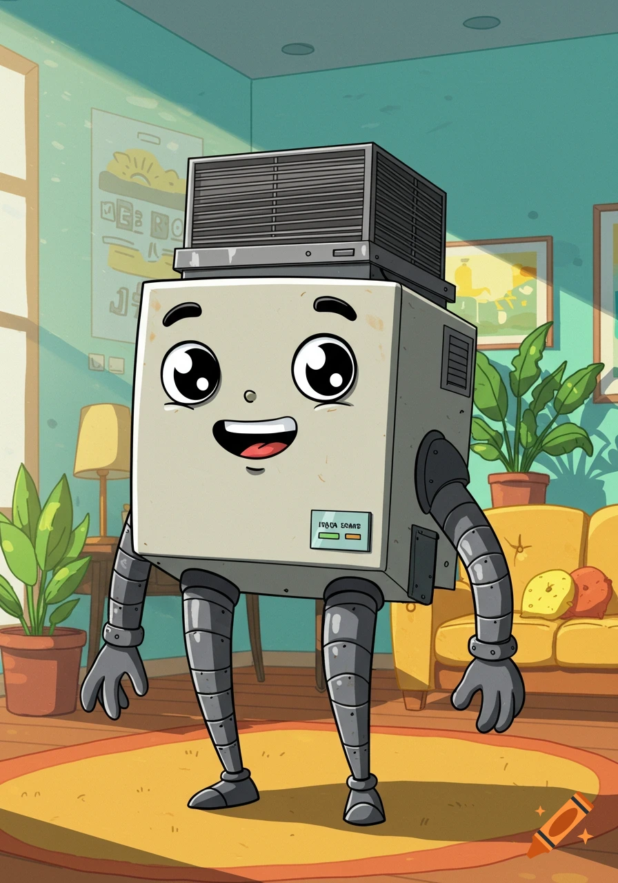 A happy, anthropomorphic air conditioning unit with arms and legs stands in a colorful cartoon living room.
