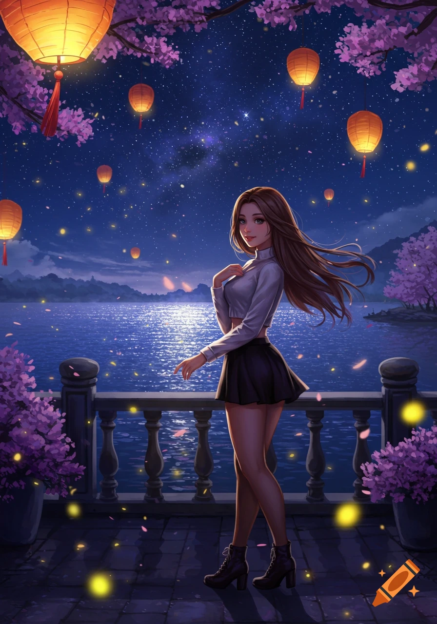 A beautiful anime girl with long brown hair stands on a balcony overlooking a moonlit lake, under cherry blossoms and glowing lanterns.