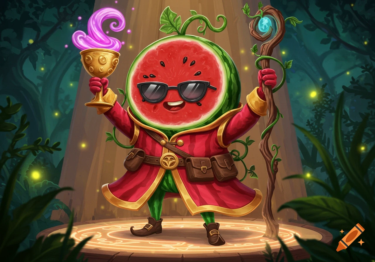 A cheerful cartoon watermelon wizard wearing sunglasses and a red robe holds a glowing purple goblet and a magical staff in a mystical forest.