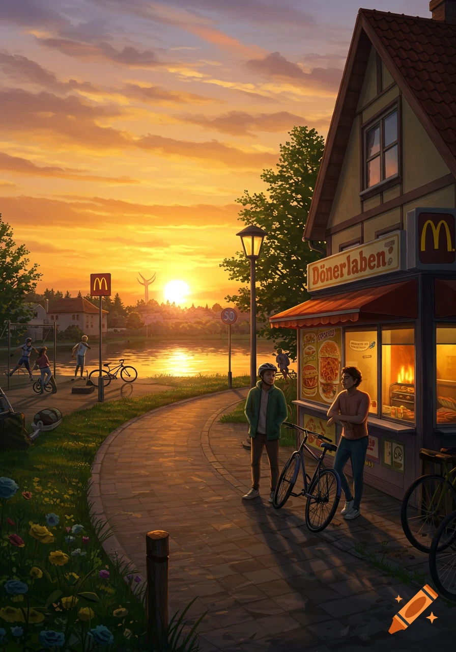 Illustrative image of two men with bikes outside a Döner shop and McDonald's by a lake at sunset.