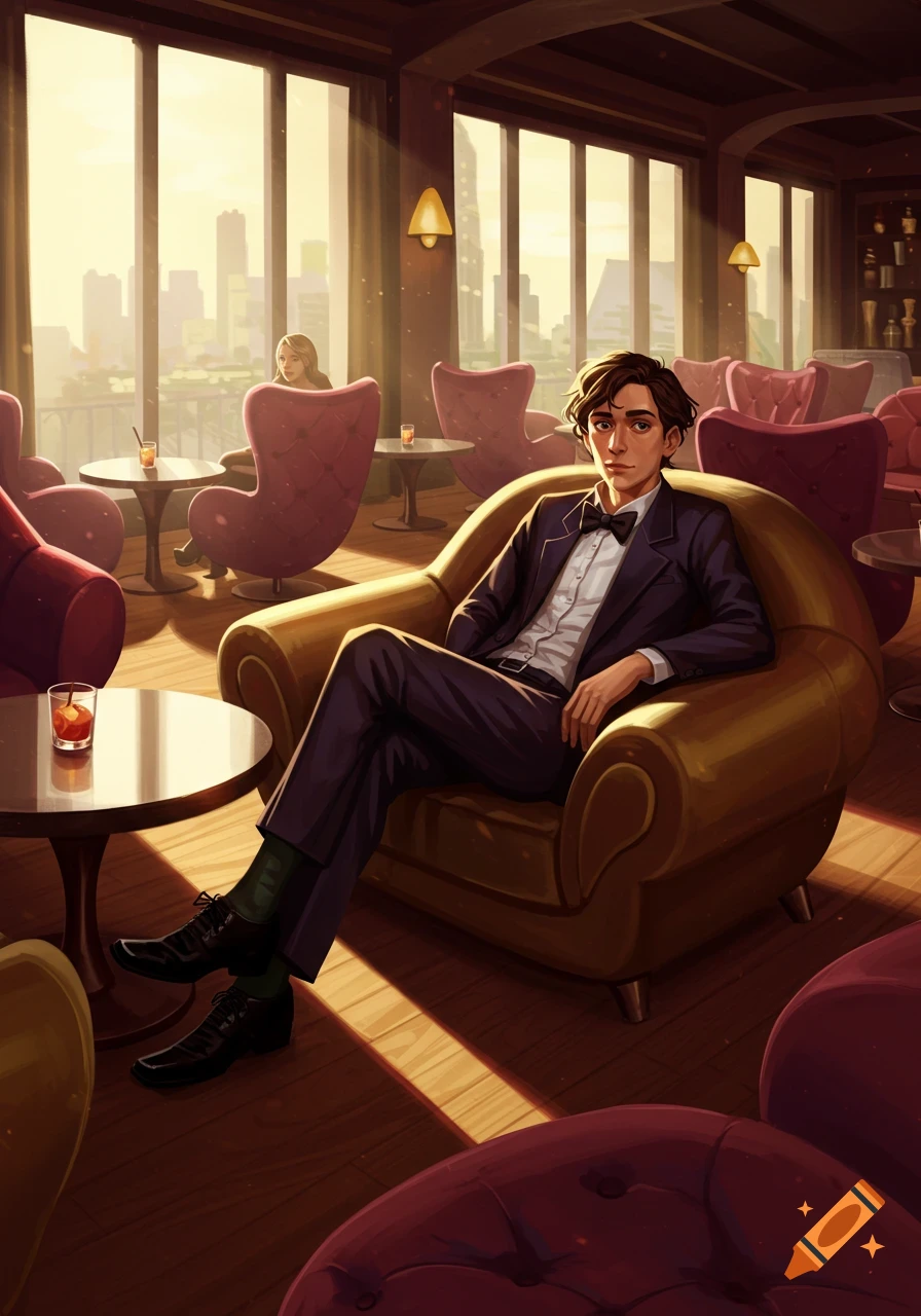 A man in a dark suit and bow tie sits relaxed in a yellow armchair in a luxurious lounge with large windows overlooking a city at sunset.