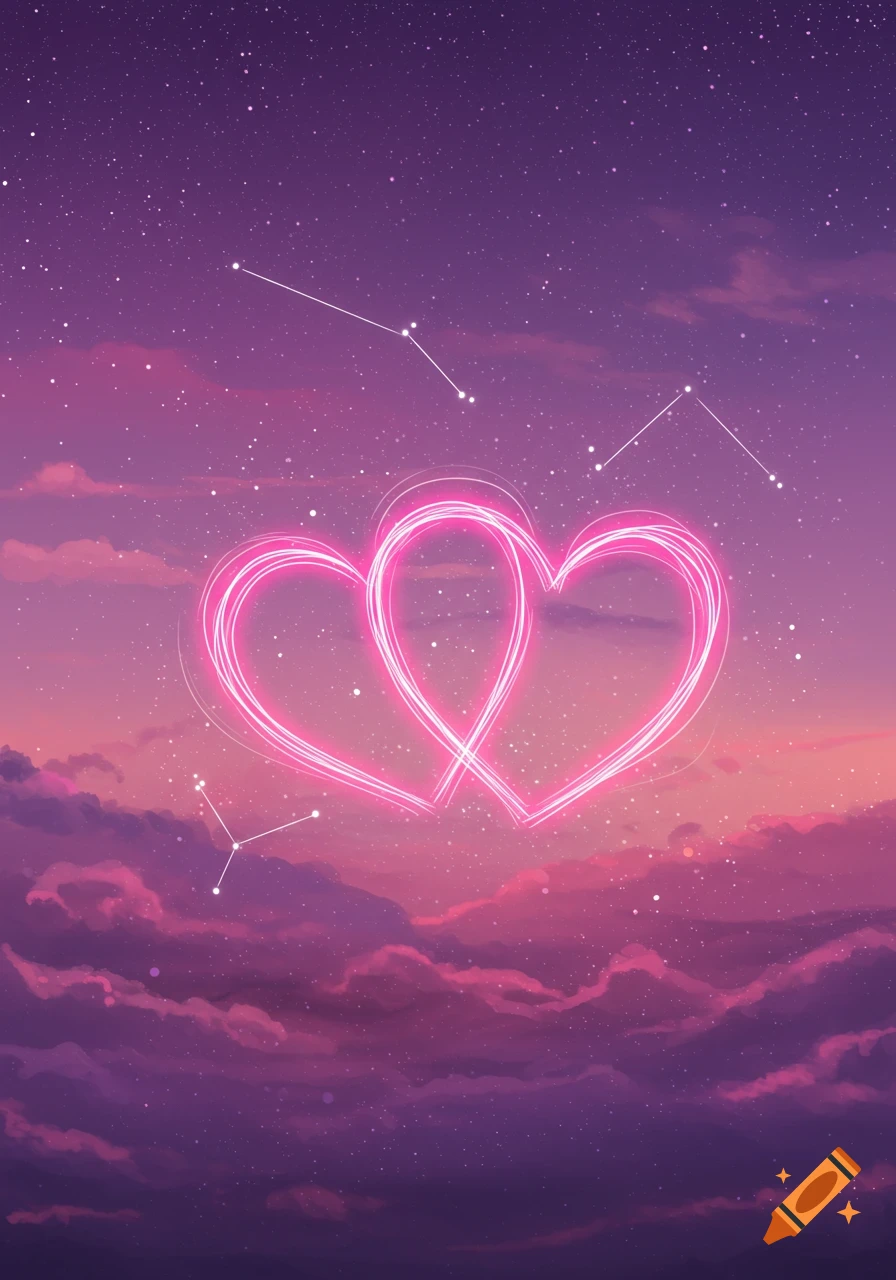 Two intertwined glowing pink hearts against a vibrant purple and pink starry night sky with clouds and faint constellations.