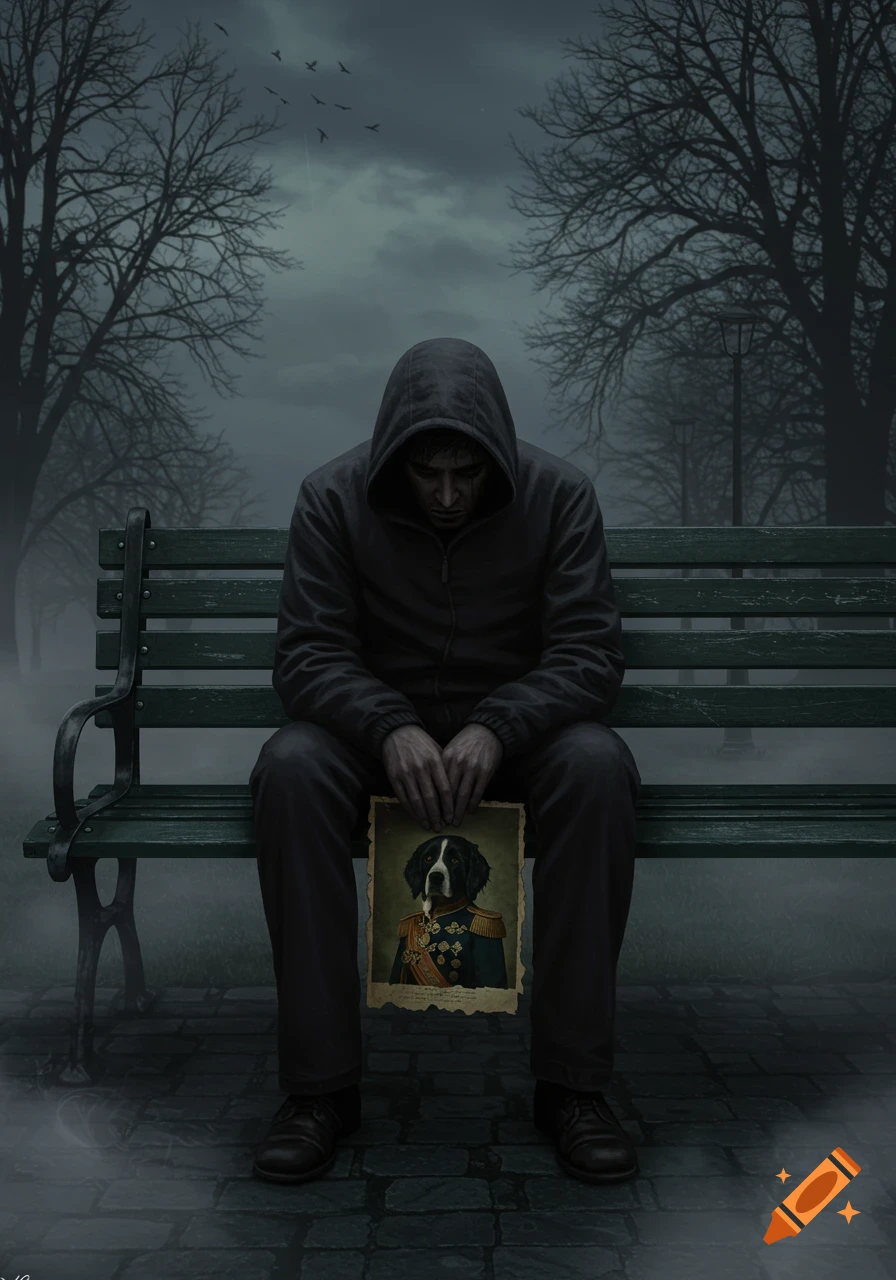 A sad man in a dark hoodie sits on a misty park bench, holding a portrait of a dog in a uniform.