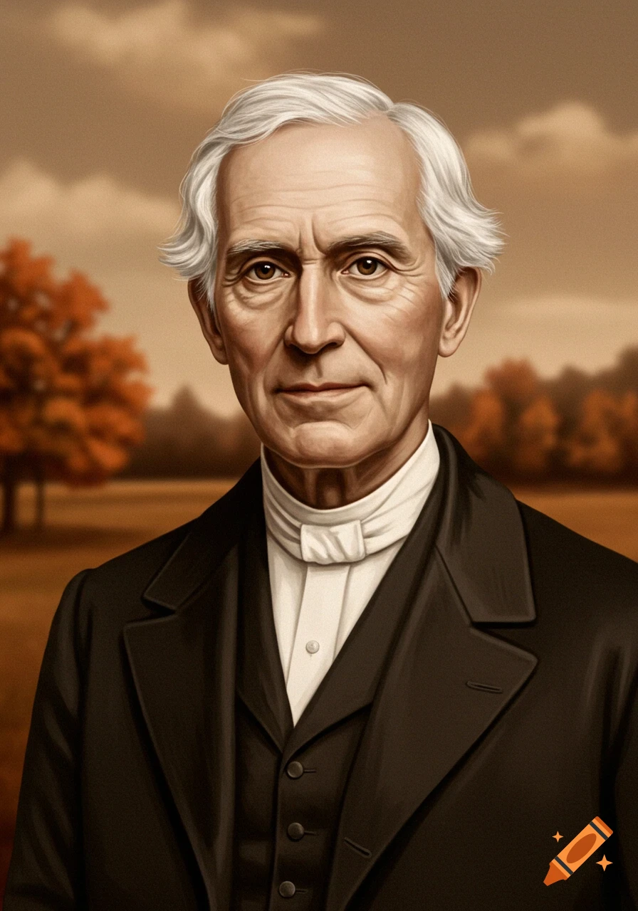 Illustrated portrait of an elderly man with white hair, dark suit, and clerical collar, against an autumn field.