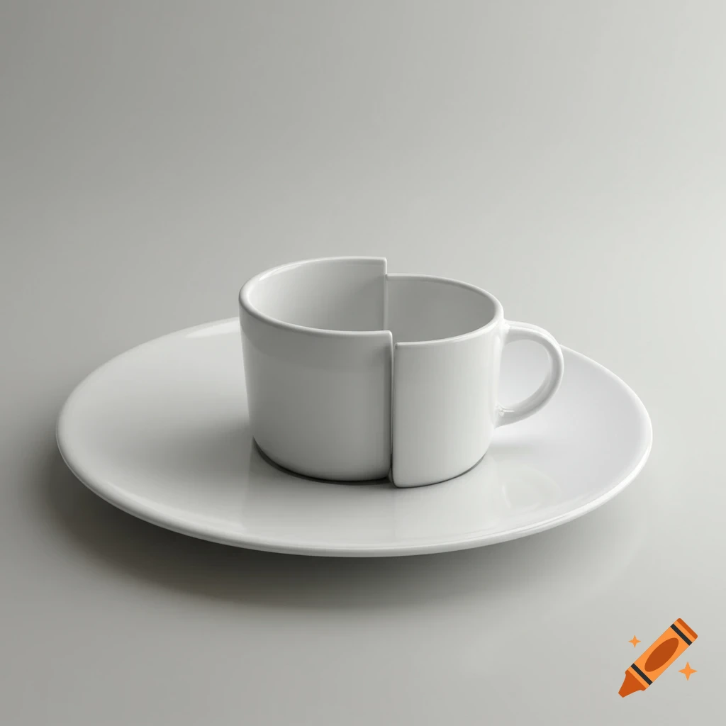 A minimalist white cup and plate are combined into a single piece of tableware, set on a bright surface.