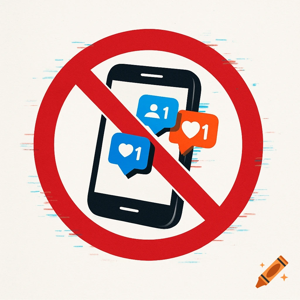 A red prohibition sign over a smartphone displaying social media notification icons.
