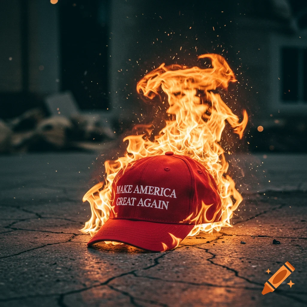 A red MAGA baseball cap engulfed in flames, lying on cracked asphalt, photorealistic.