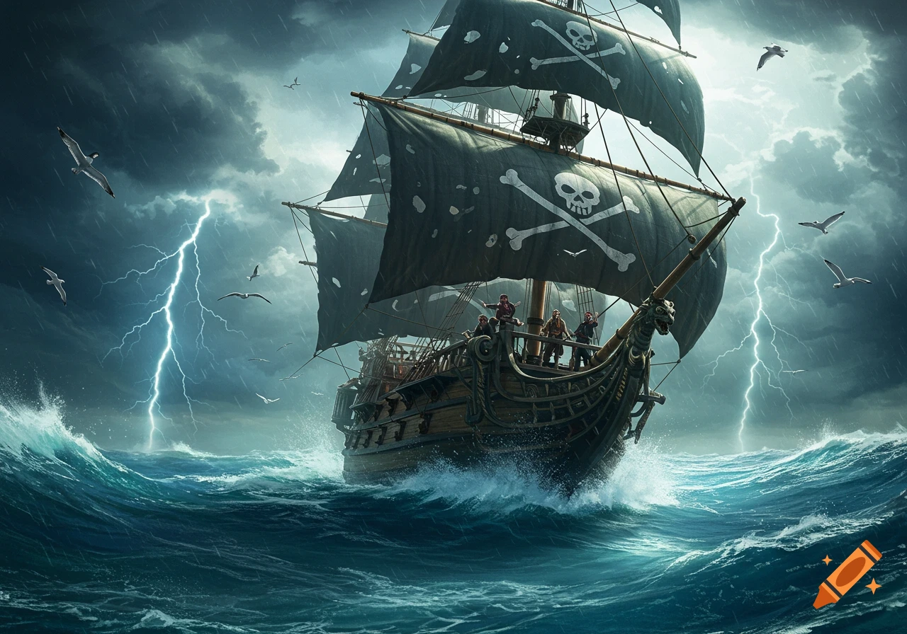 A dramatic pirate ship with skull and crossbones sails navigates a stormy, lightning-filled sea with crashing waves.