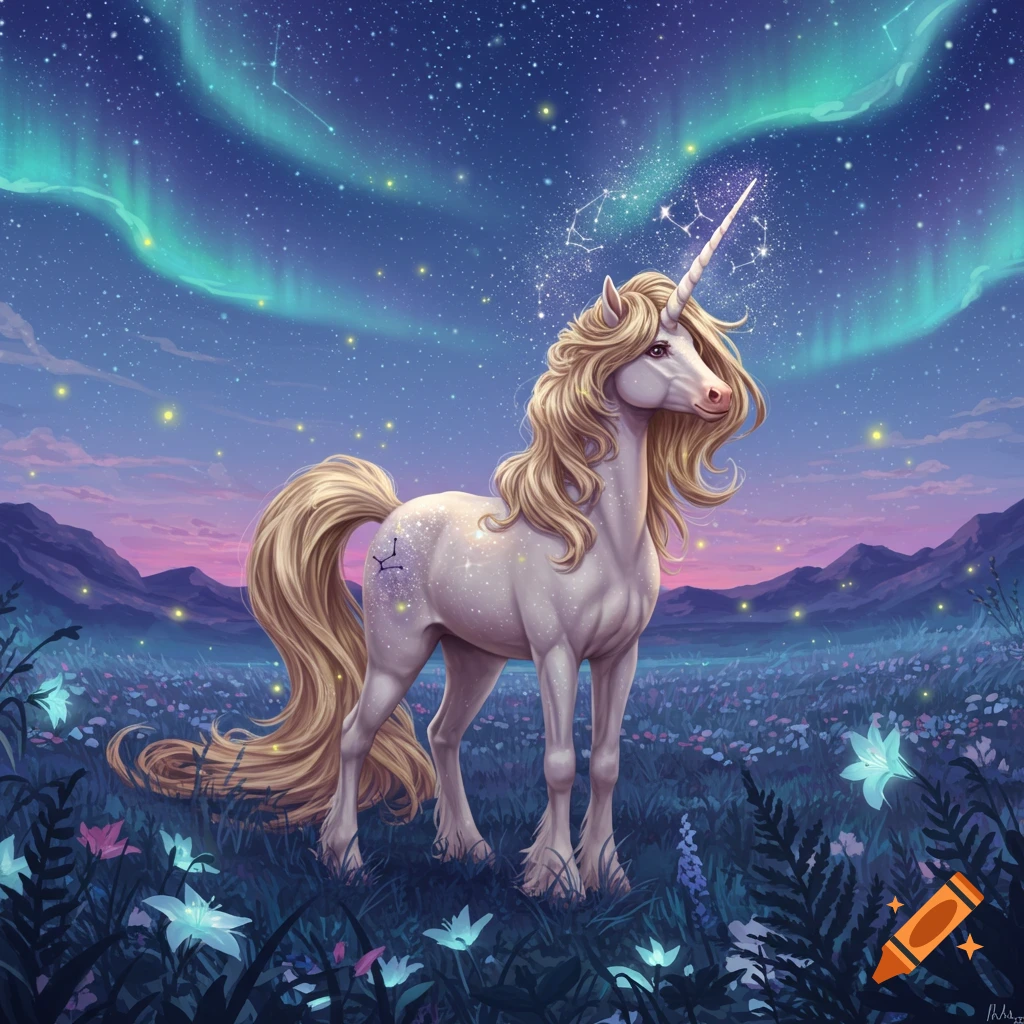 A white unicorn with blonde hair stands in a field of glowing flowers under a starry night sky with aurora borealis.