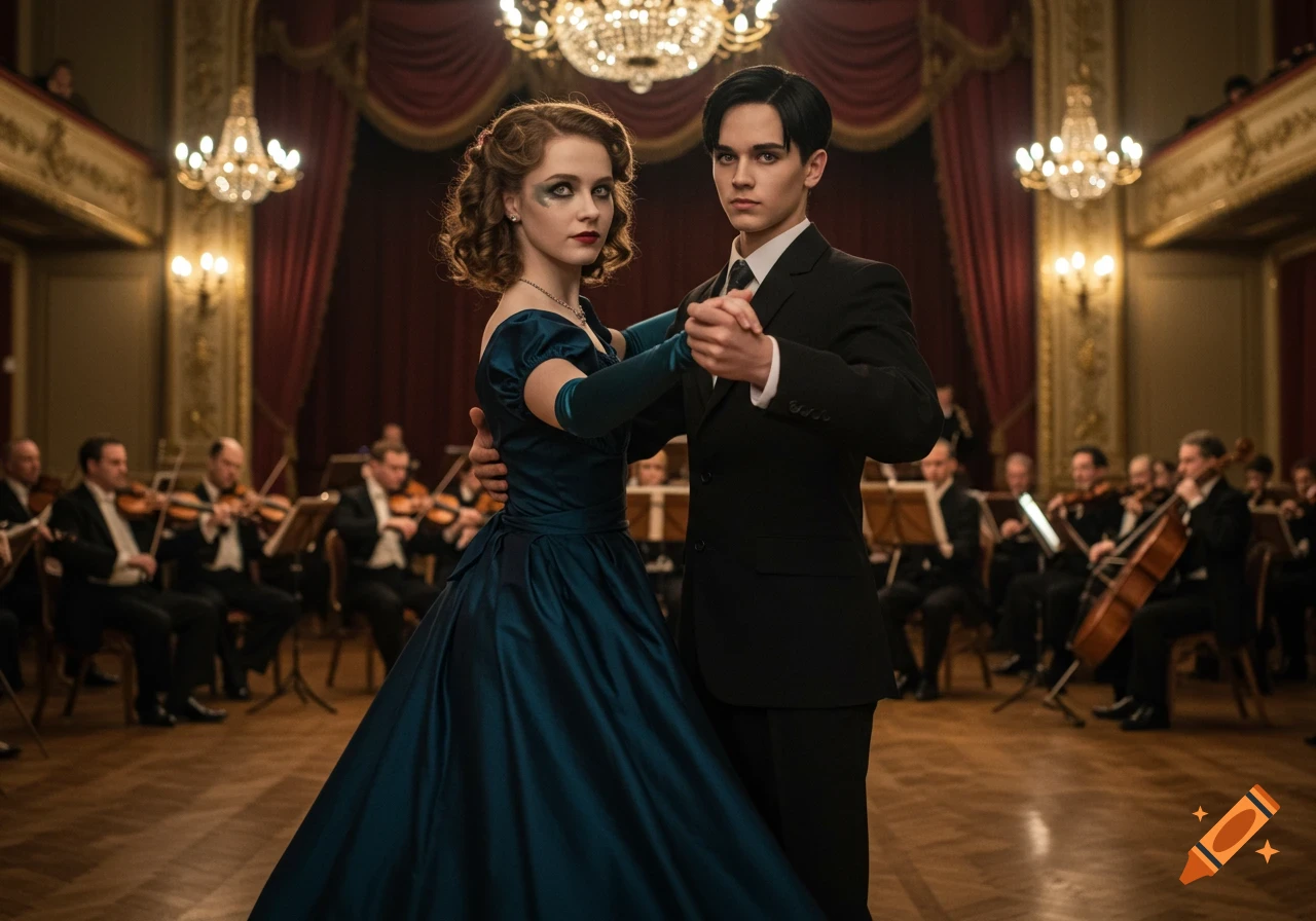 A young man and woman in formal 1940s attire dance in a grand ballroom with an orchestra.