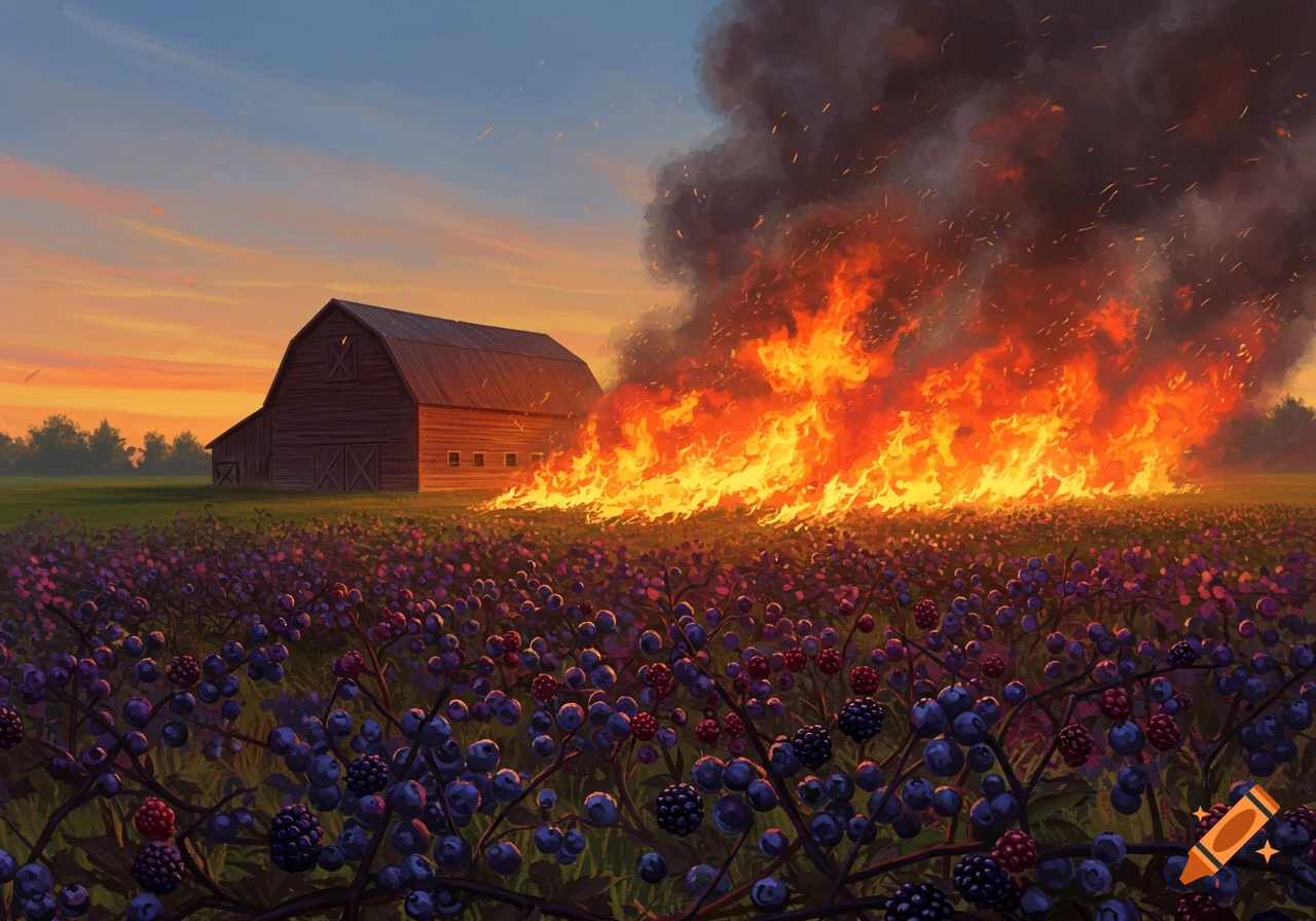 A rustic barn stands beside a field of blueberries, raspberries, and blackberries ablaze under a dramatic sunset.