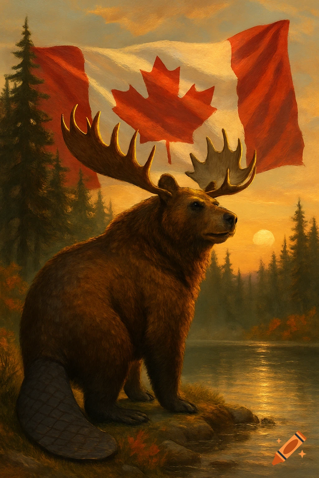 A mythical bear-moose-beaver hybrid creature with antlers and a beaver tail stands by a lake at sunset, with a large Canadian flag. Digital art.
