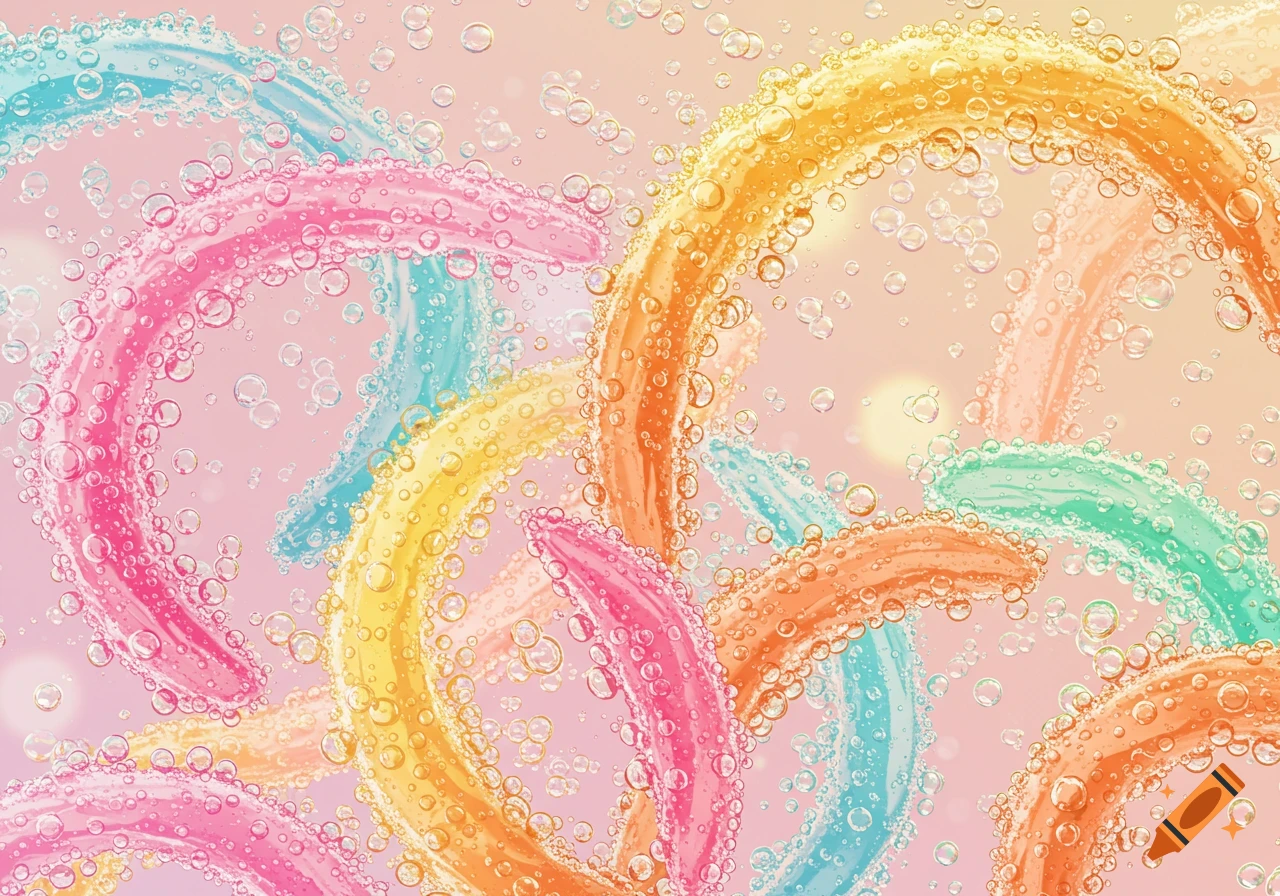 Abstract background with colorful, curvy shapes covered in effervescent bubbles on a pink and orange gradient.
