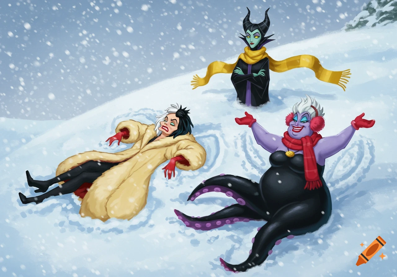 Cruella De Vil, Ursula, and Maleficent are in a snowy landscape. Ursula makes a snow angel while Maleficent watches.