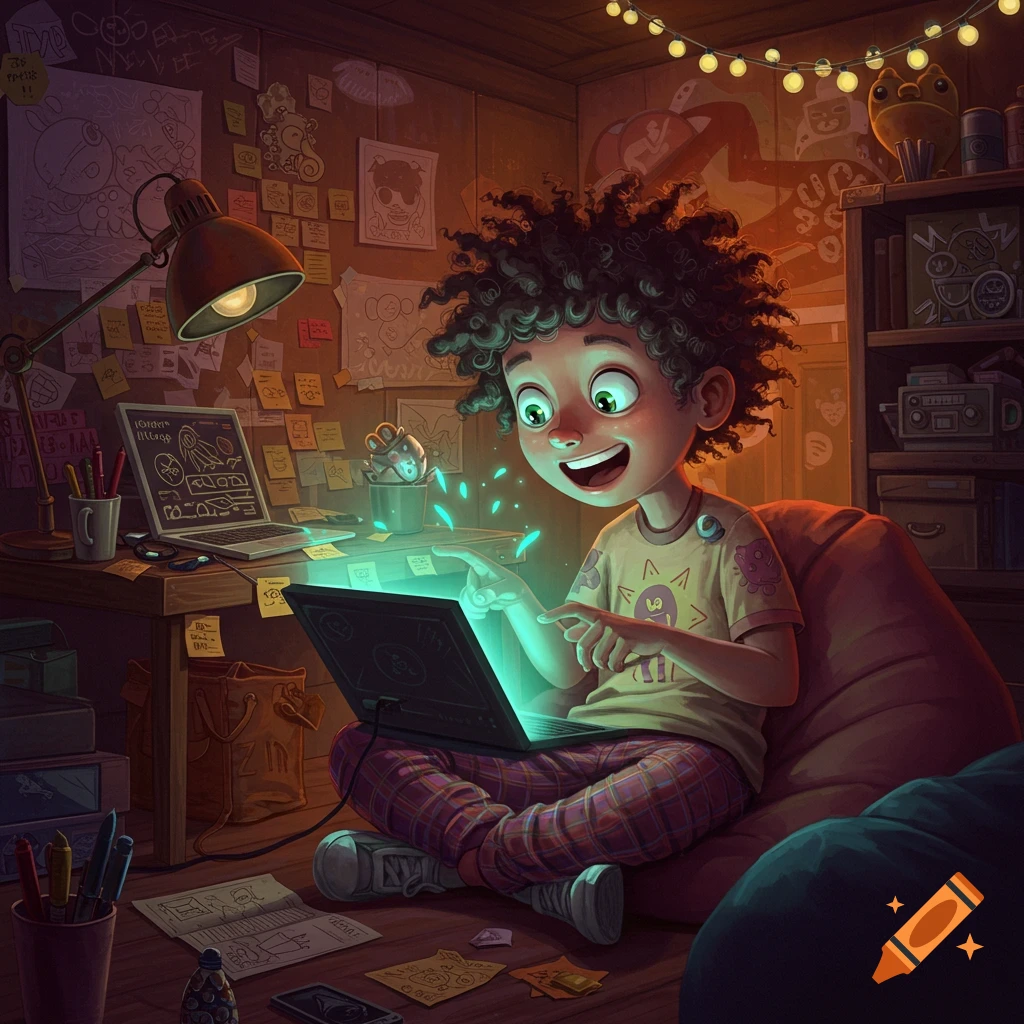 An excited boy with curly hair sits on the floor, interacting with a glowing laptop in a messy, cozy room filled with drawings, in an illustration.