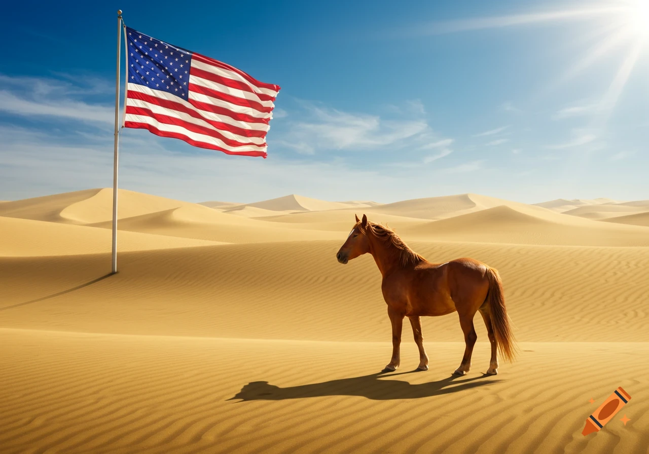 A brown horse stands in a vast sandy desert with an American flag waving on a pole under a bright blue sky.