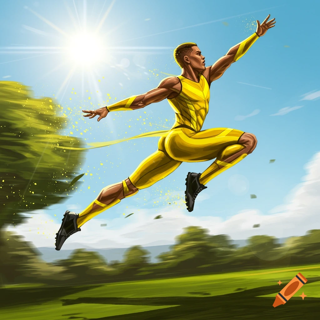 Illustration of a muscular man in a yellow athletic suit leaping mid-air against a bright blue sky and blurred green landscape.
