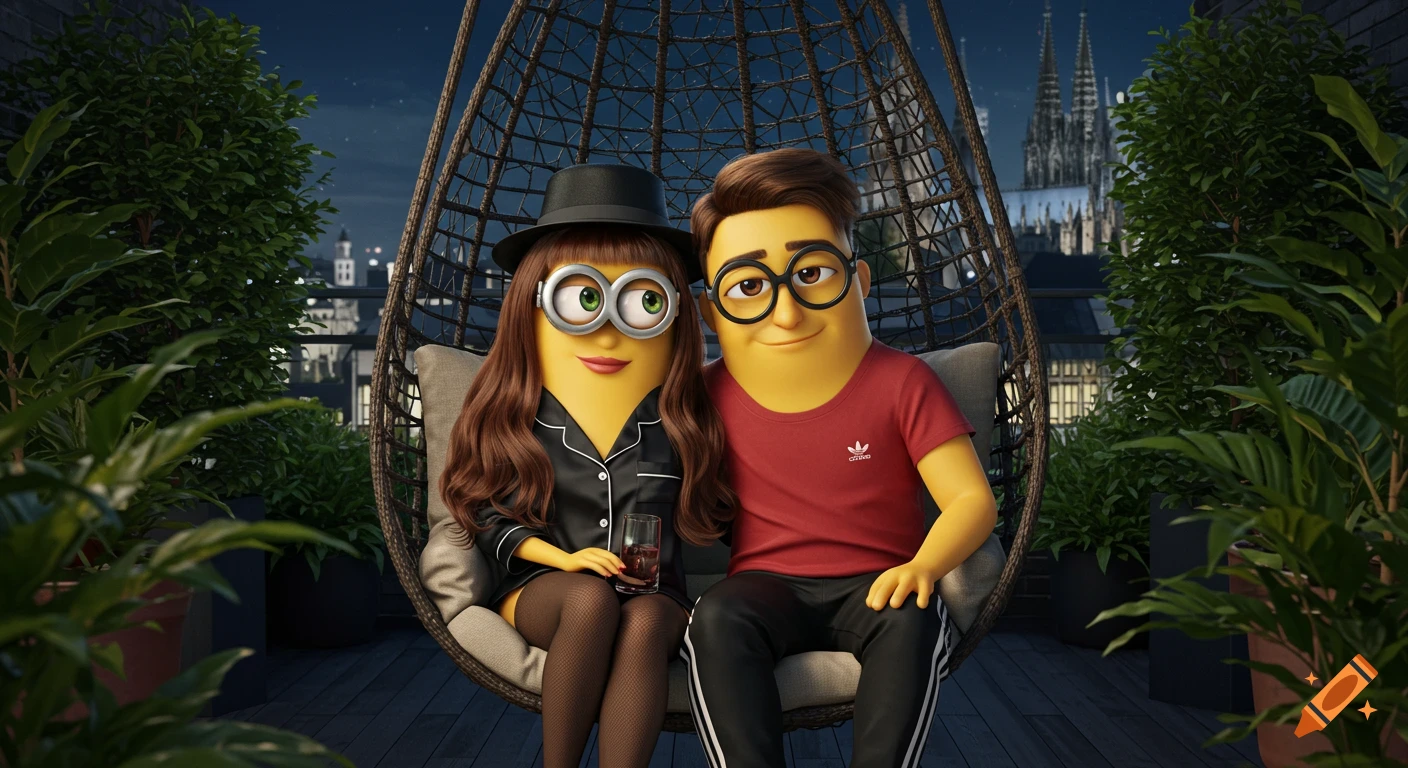 Two Minion-like characters, a female in a hat and black pajamas and a male in a red t-shirt, sit on a swing chair on a plant-filled rooftop at night, with a cathedral in the background.