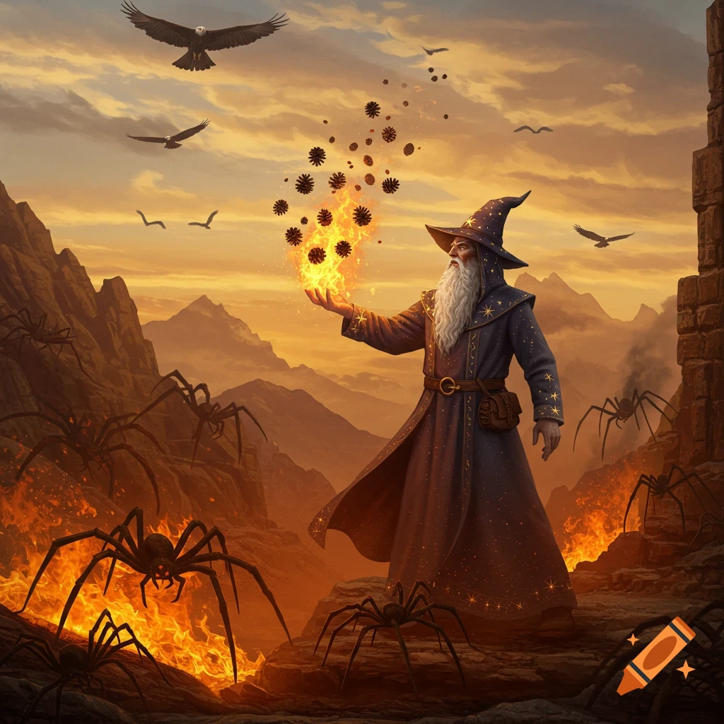 A wizard with a long beard and pointed hat casts a fire spell with pinecones, battling giant spiders in a rocky, fiery landscape with eagles flying overhead at sunset.