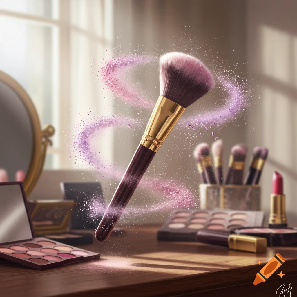 Photorealistic makeup brush floating with swirling pink powder over a vanity table with cosmetics.