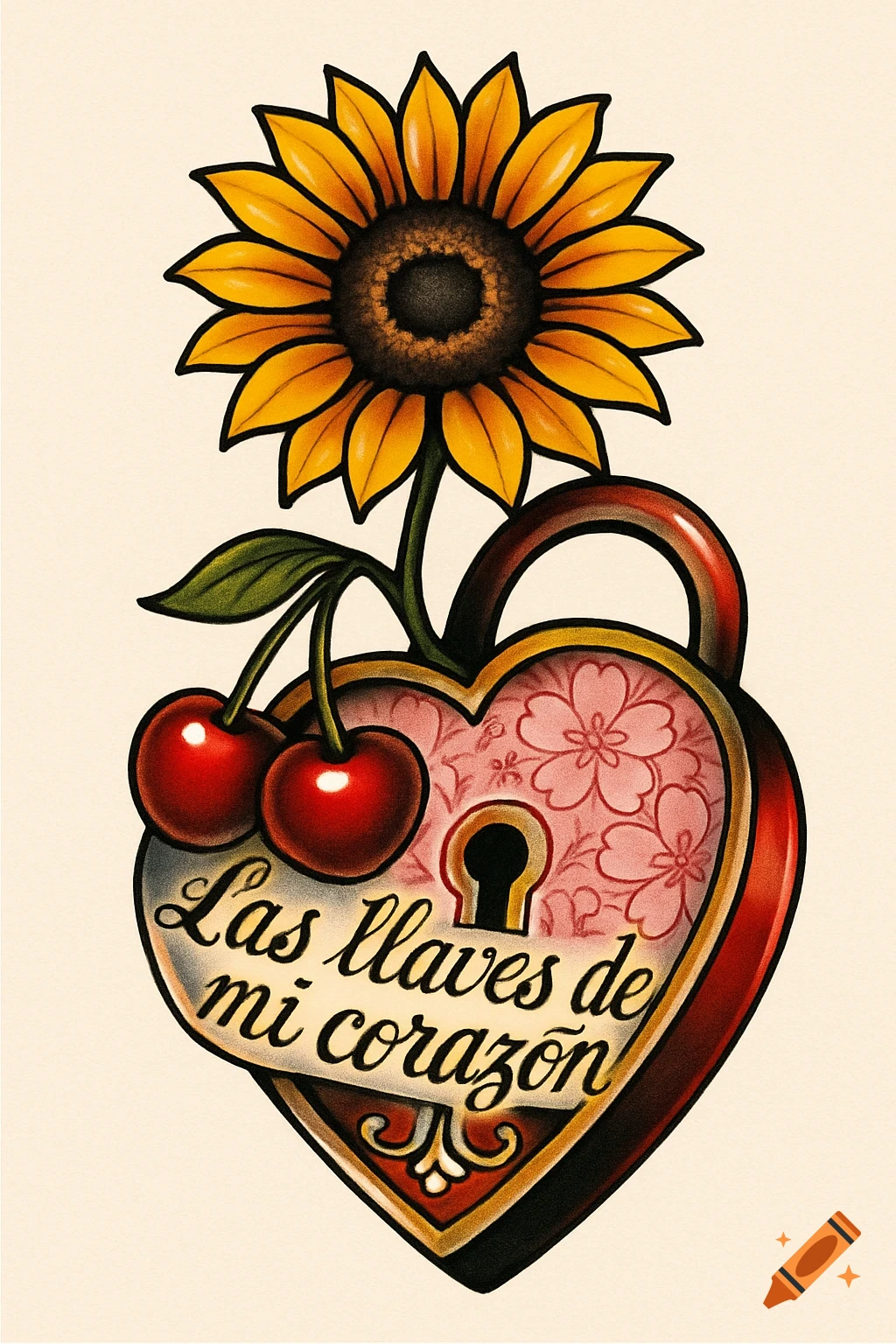 A neo-traditional tattoo design featuring a sunflower, two cherries, and a red heart-shaped padlock with "Las llaves de mi corazón" text.
