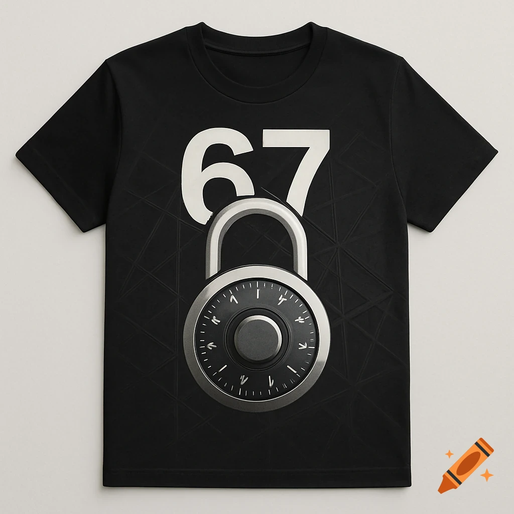 A black t-shirt featuring large white numbers '67' above a silver combination padlock.