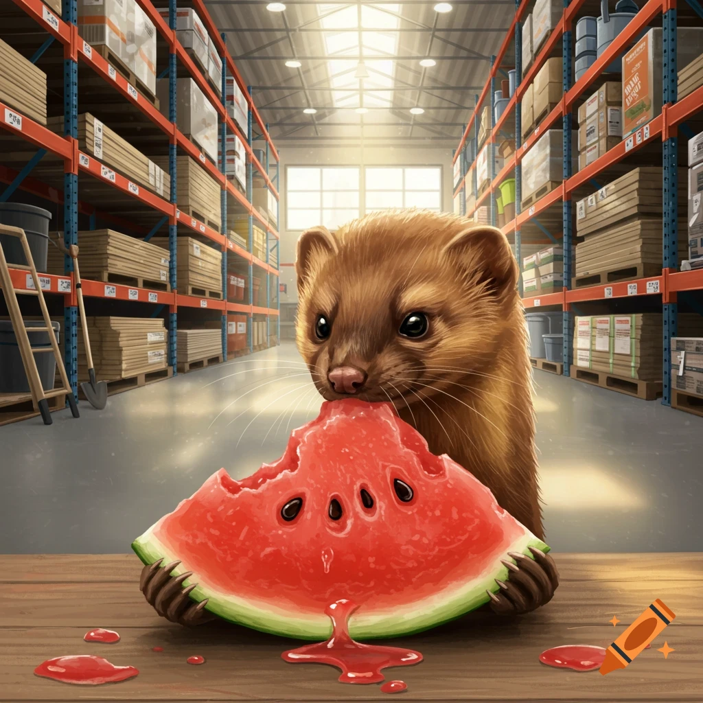 A photorealistic weasel gnaws on a large slice of watermelon, its juice dripping onto a wooden surface in a warehouse.