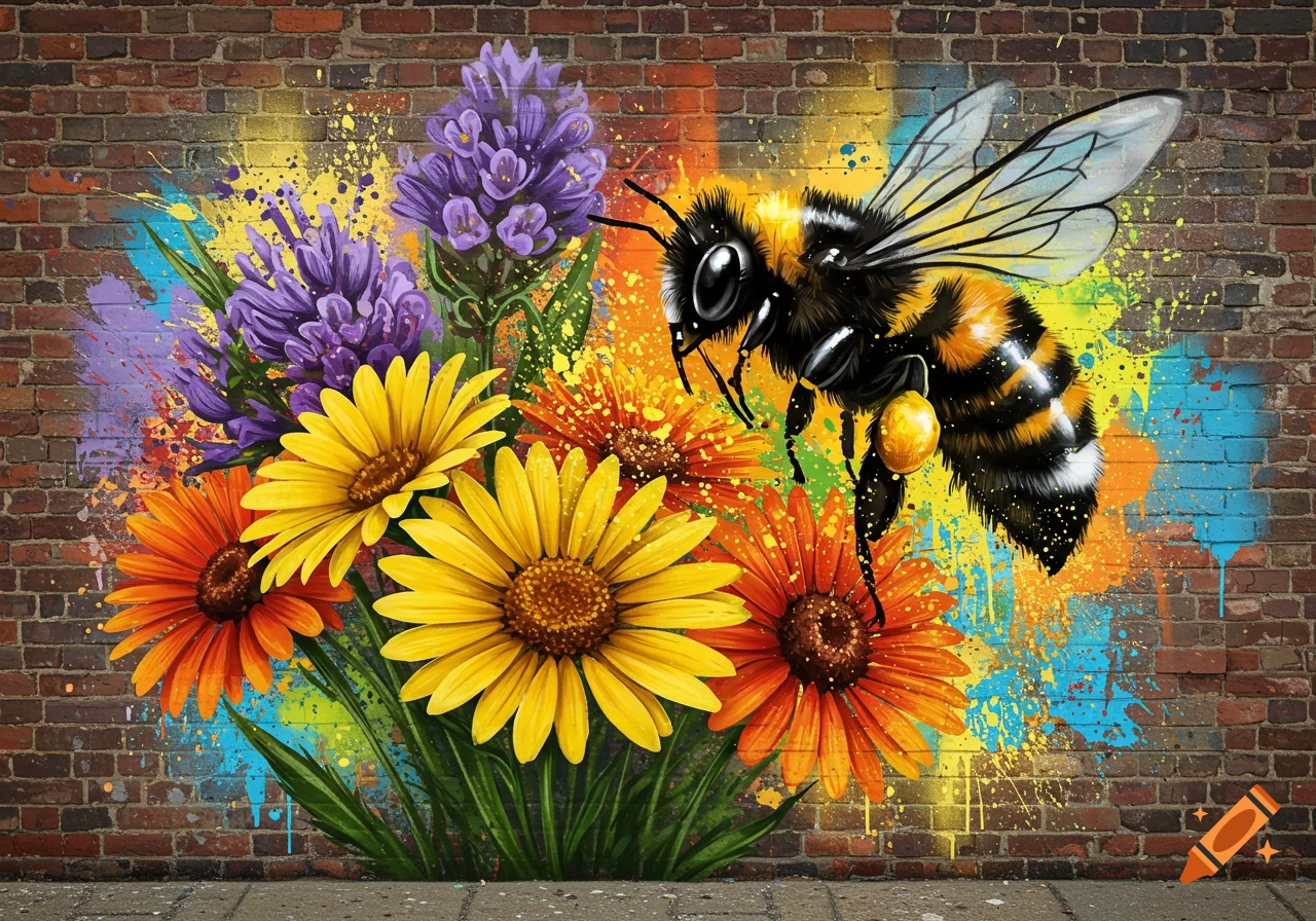 Graffiti art of a bee flying towards vibrant yellow and orange flowers and purple lavender on a brick wall, with colorful paint splatters.