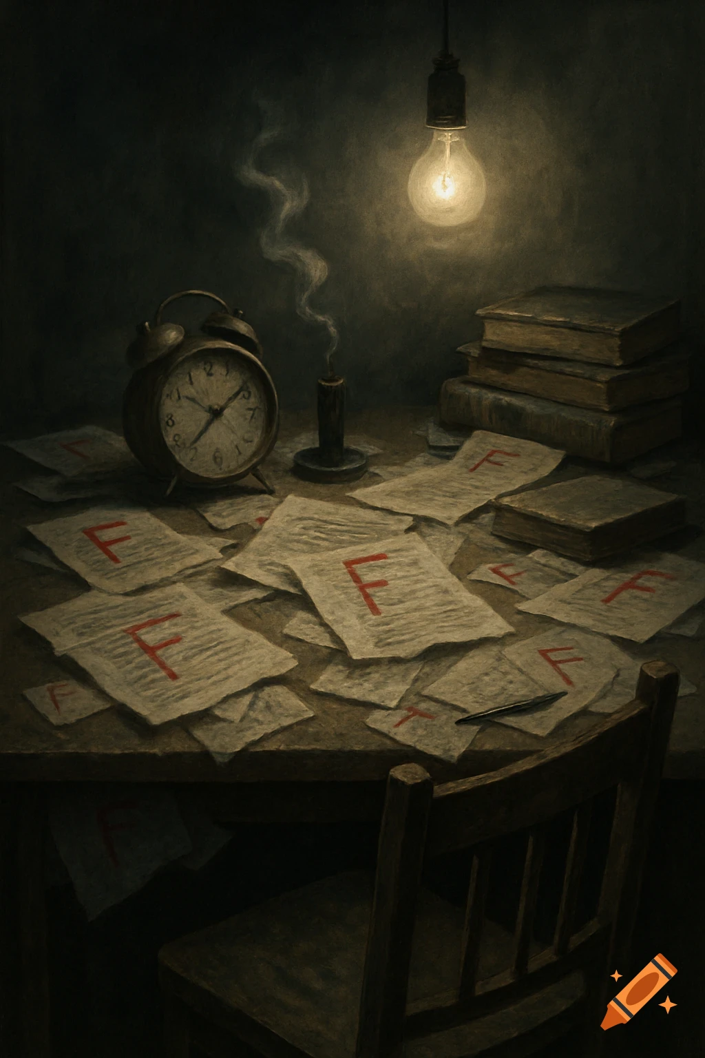 A dimly lit desk with scattered papers graded 'F', an alarm clock, books, and a smoking candle, in a painterly style.
