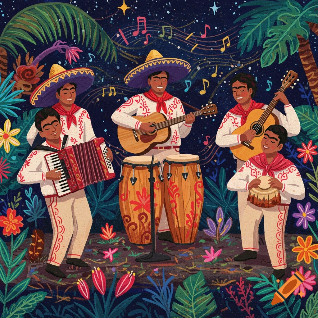 Five men in sombreros play instruments in a vibrant folk art style jungle scene with musical notes.