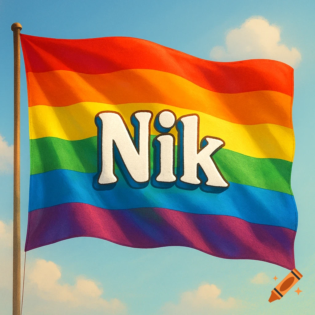 A rainbow pride flag with the name "Nik" emblazoned across its center, waving against a clear blue sky with sparse clouds.