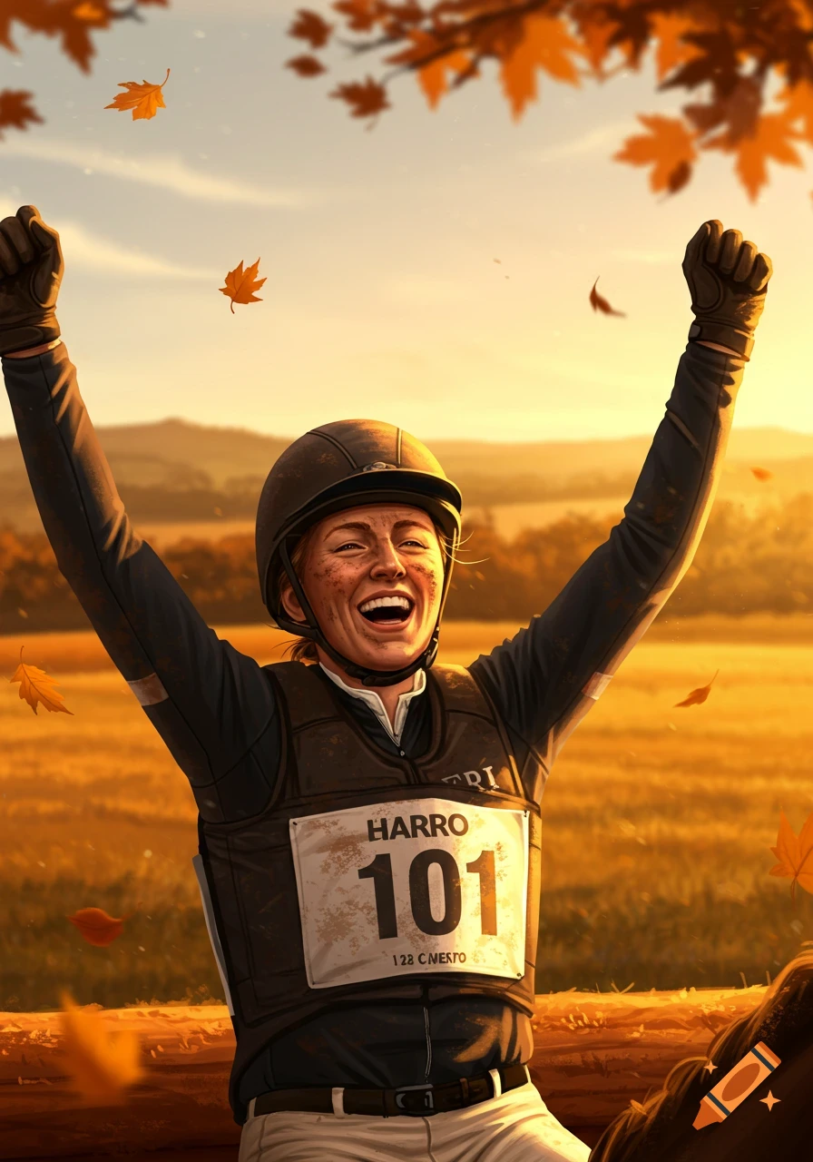 A jubilant cross-country rider with dirt on her face, arms raised in victory against a golden autumn sunset, leaves falling.