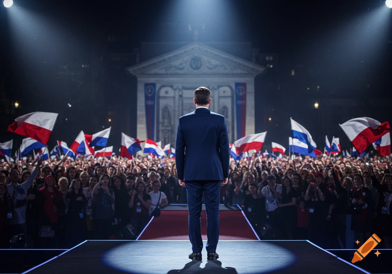 A man in a suit stands on a spotlighted stage, back to the camera, facing a large, cheering crowd holding red, white, and blue flags at night.