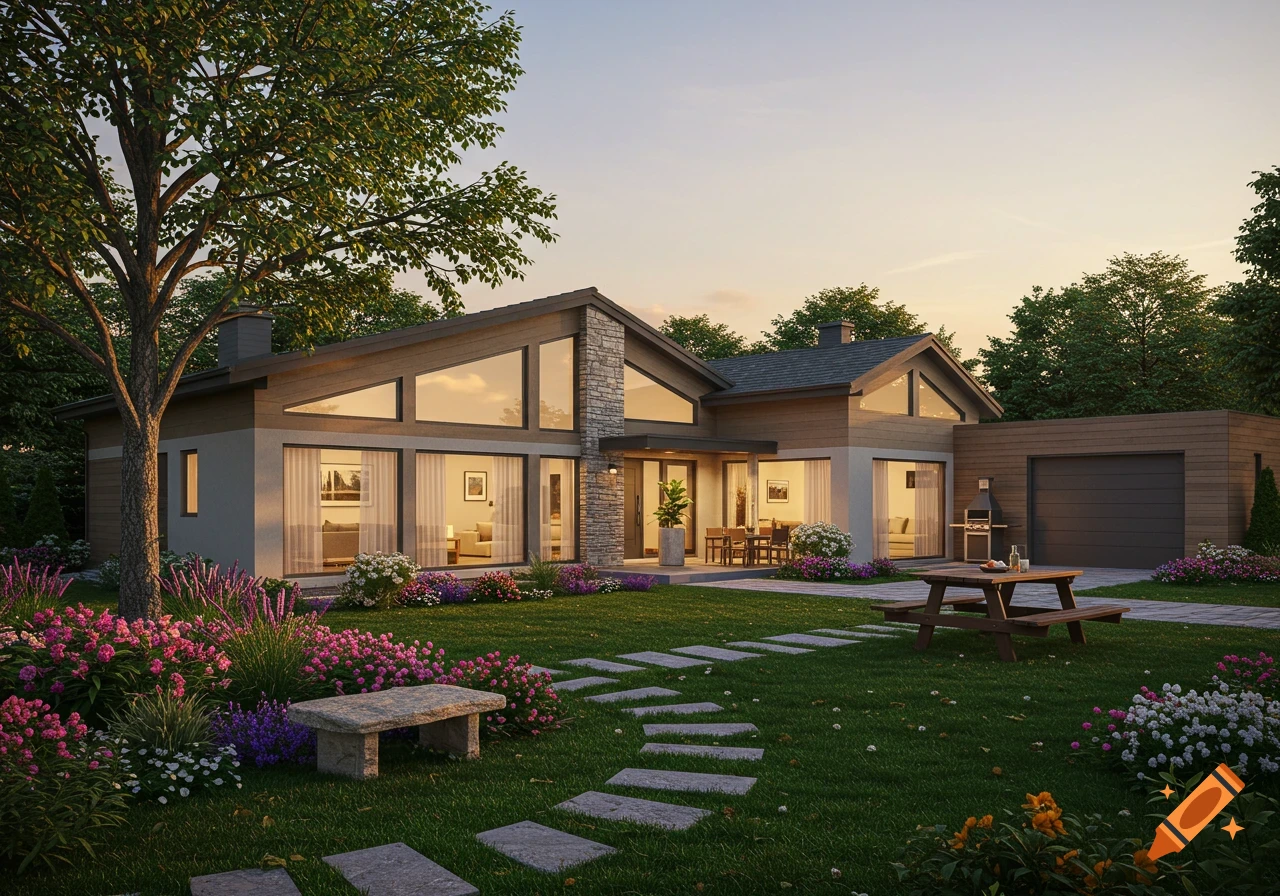 Photorealistic image of a modern single-story house with large windows, a stone facade, and a vibrant garden with flowers and outdoor seating.