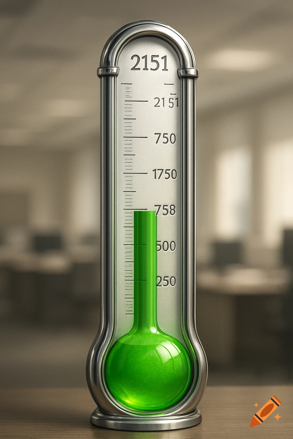 A realistic silver thermometer with a green liquid filling, indicating a progress level of 758 towards a target of 2151.