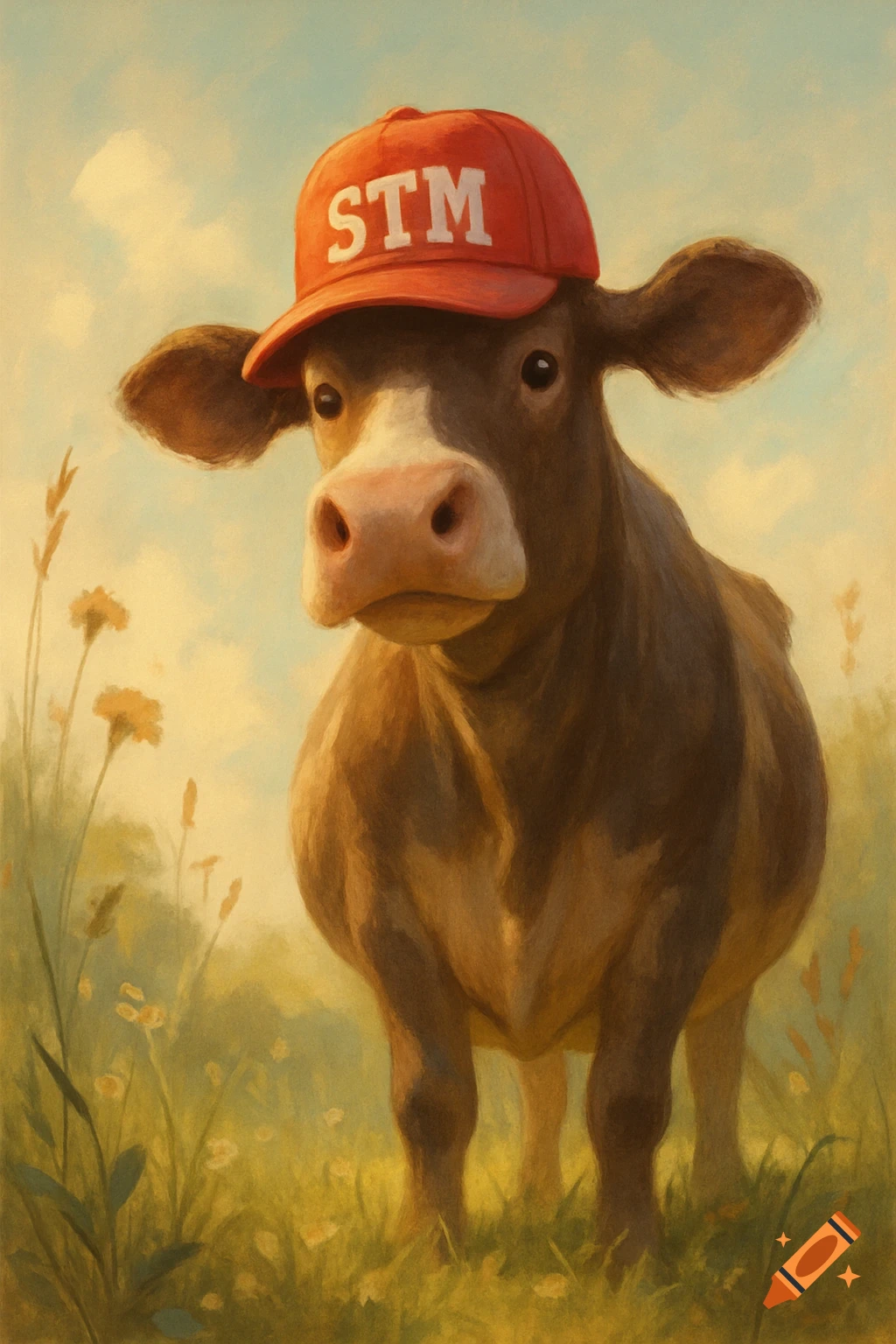 A brown and white cow wearing a red baseball cap with "STM" on it, standing in a sunny, painterly field.
