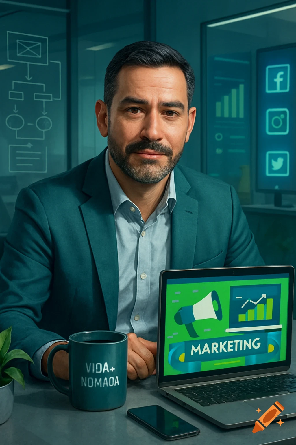 Confident Latin man in a teal blazer in a modern office with a laptop showing marketing graphics and a mug.