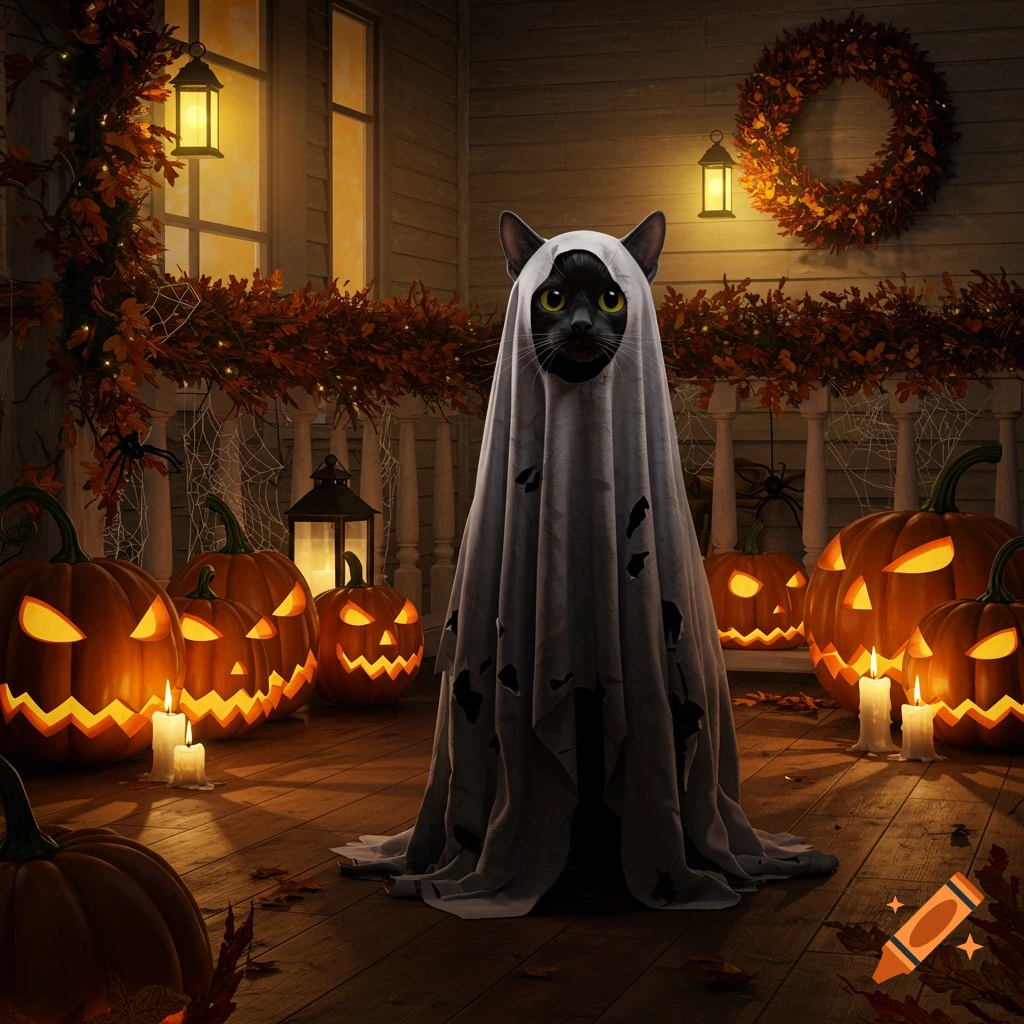 A black cat in a ghost costume sits on a decorated porch surrounded by glowing jack-o'-lanterns and autumn foliage.