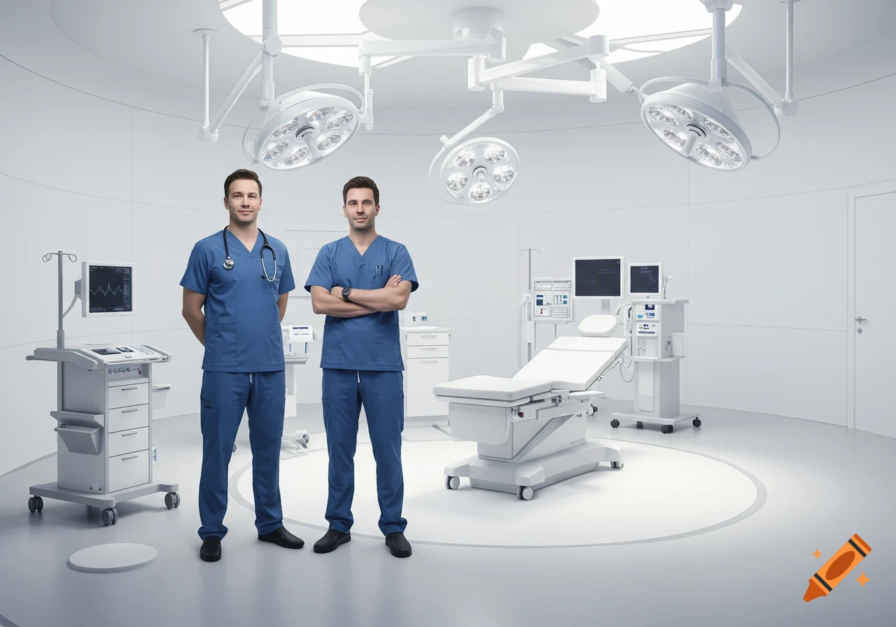 Two male doctors in blue scrubs stand in a modern, sterile operating room with medical equipment.