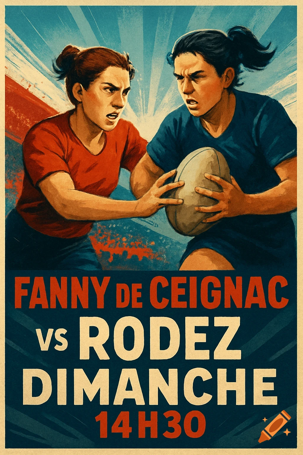 A vintage-style poster depicting two women in a rugby match, with one holding the ball, and text announcing "Fanny de Ceignac vs Rodez Dimanche 14H30".