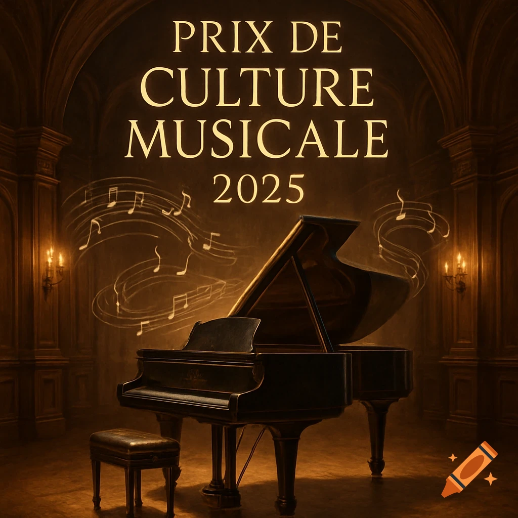 A grand piano and bench in a dimly lit, ornate hall, with glowing text "PRIX DE CULTURE MUSICALE 2025" and musical notes.